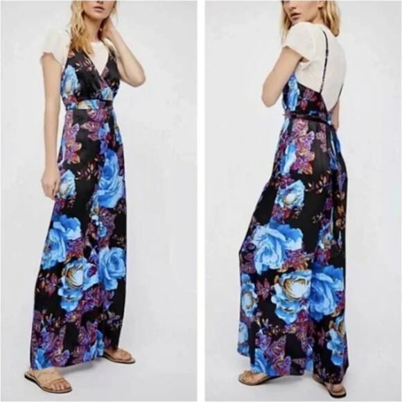 NWT Free People Cabbage Rose Jumpsuit Wide Leg Wrap Black Blue 4